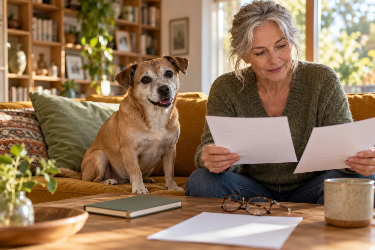 Owner reviewing papers at a table with a golden-colored dog beside her