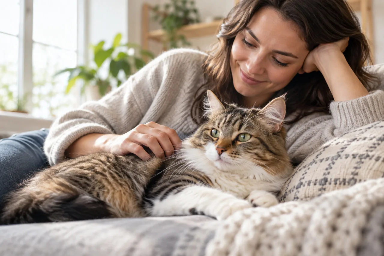 Person gently stroking a resting tabby cat